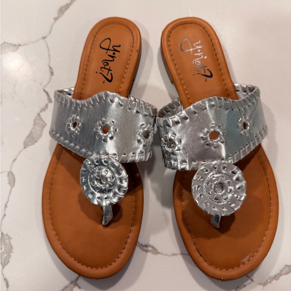 Metallic Silver Women’s Sandals with Decorative Medallions